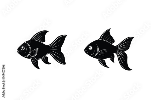 Two elegant black silhouettes of goldfish swimming with grace against a pristine white background