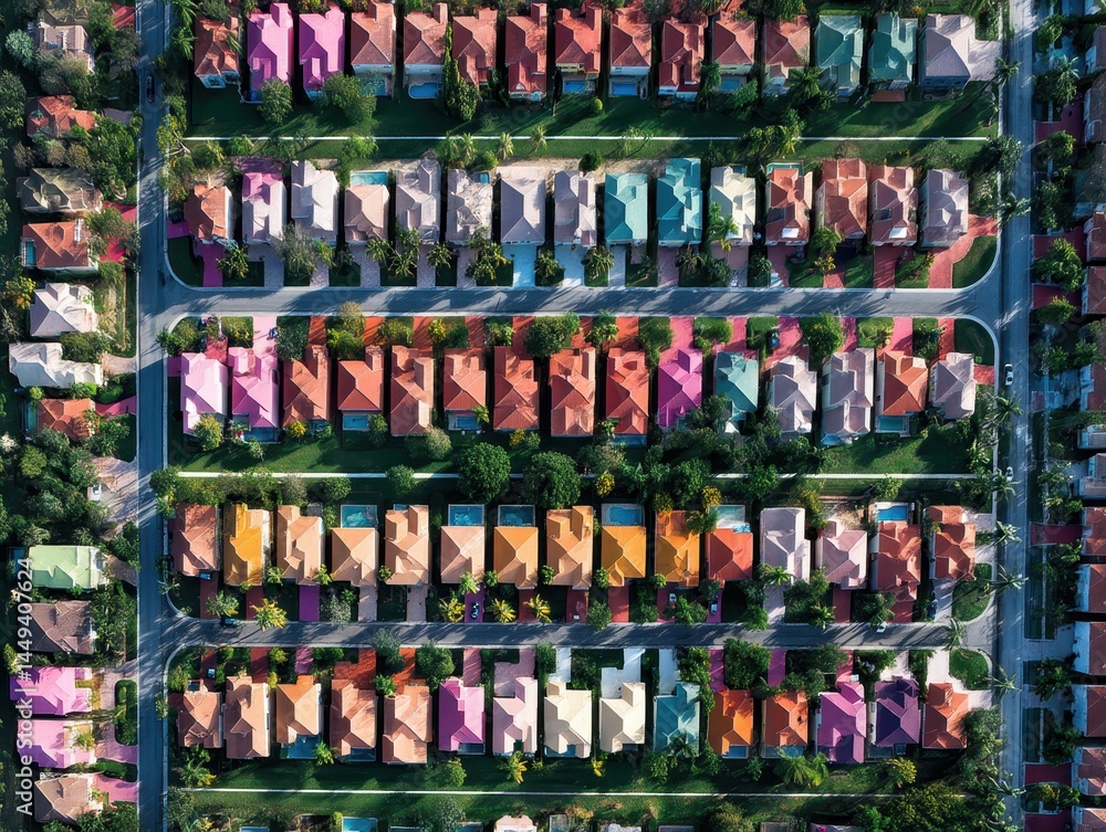 Fototapeta premium Stunning Aerial View of Vibrant Residential Neighborhoods in Miramar, Florida, Showcasing Beautiful Homes and Scenic Real Estate