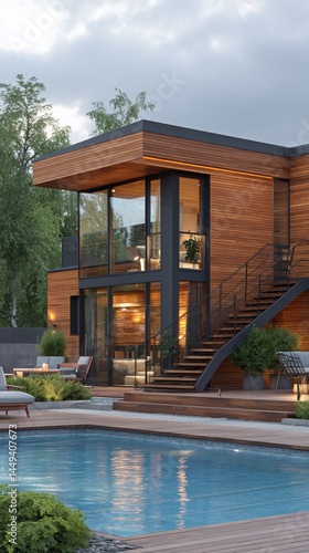 Wallpaper Mural Modern wooden house with pool, evening view, exterior shot, ideal for showcasing modern architecture, luxury homes, and vacation rentals Torontodigital.ca