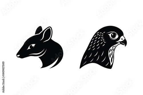 Black silhouette illustration of a rat and falcon's head depicting animals in minimalist design for logo concepts