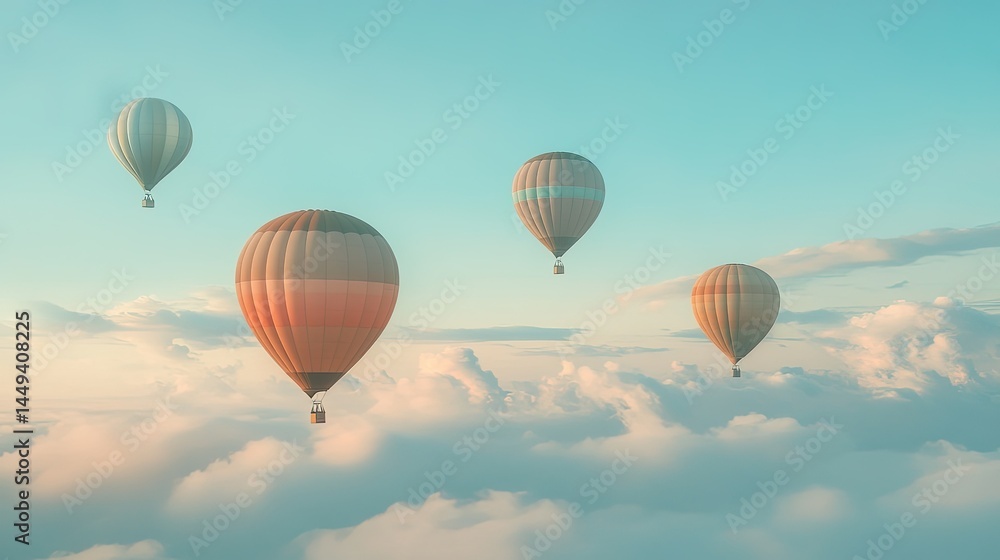 Obraz premium A serene scene of colorful hot air balloons gracefully floating above fluffy clouds at sunrise, creating a tranquil atmosphere perfect for travel and adventure themes