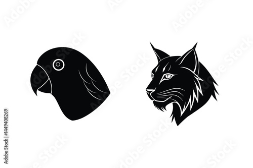 Black and white vector silhouette illustration of a parrot and a lynx head showing side profiles