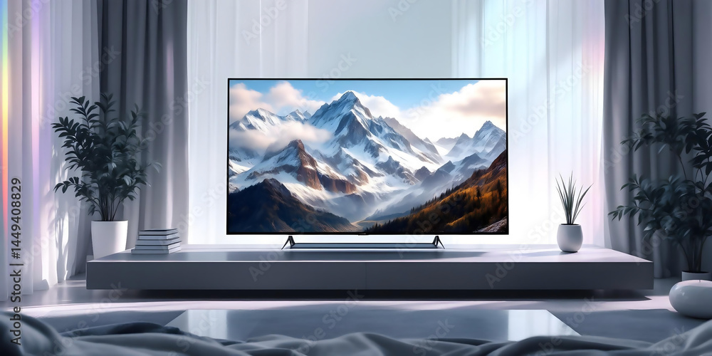 Fototapeta premium Comfortable contemporary space with TV displaying immersive mountain film scene