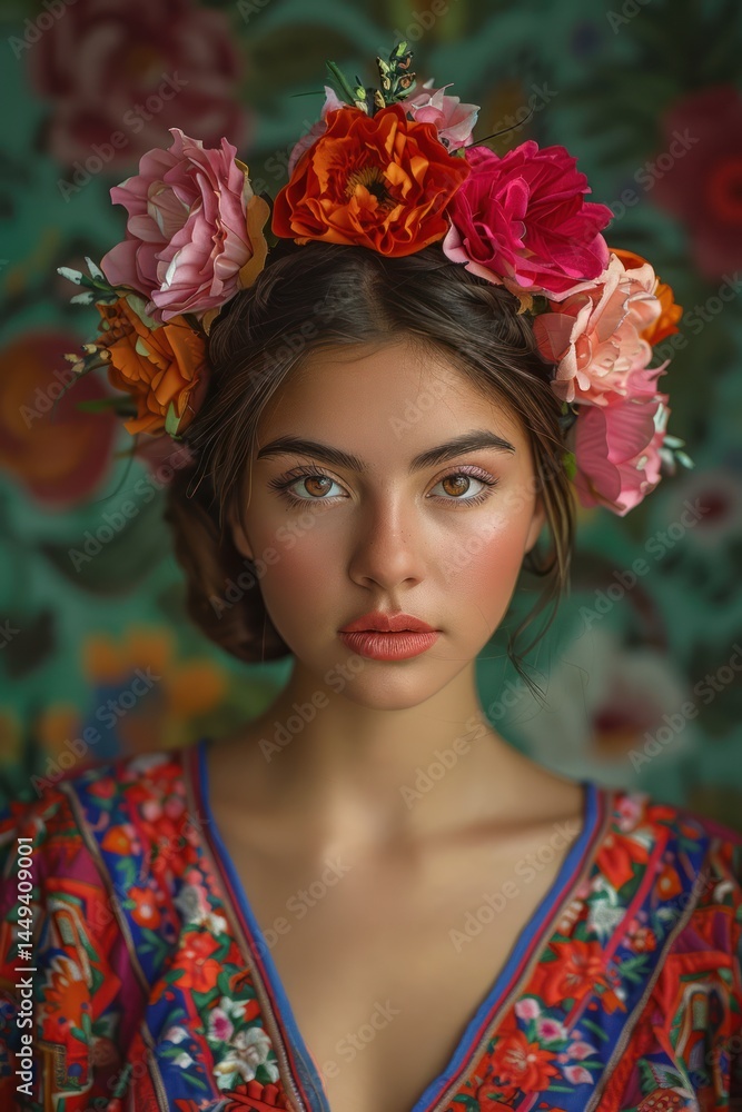 Portrait of a young woman adorned with a floral crown. Portrait of a young woman adorned with a floral crown.