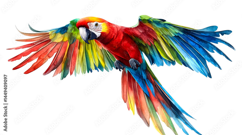 Fototapeta premium Colorful Macaw Spreading Wings in Flight, cut out transparent