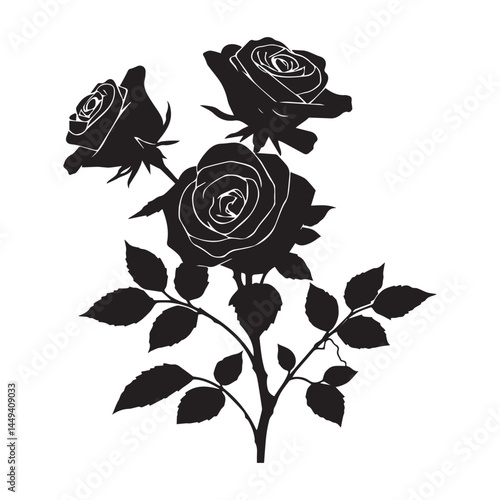 Silhouette of three black roses with thorns and leaves