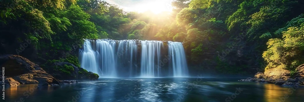 Fototapeta premium Serene Waterfall In Lush Green Forest Landscape Scenery With Sunlight Streaming Through Trees High Resolution Photo