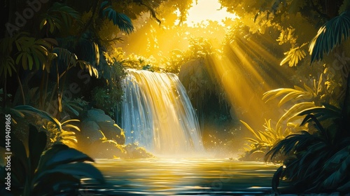A serene waterfall cascading into a tranquil pool surrounded by lush greenery, illuminated by golden sunlight filtering through the forest canopy, evoking a peaceful natural retreat