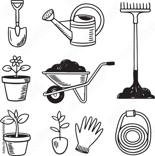 Garden Tools Doodle Icons Watering Can Shovel Rake Pot
