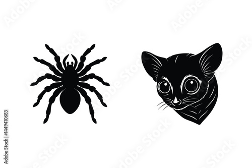 Black silhouette illustrations of a tarantula spider and a curious big eyed tarsier on white background
