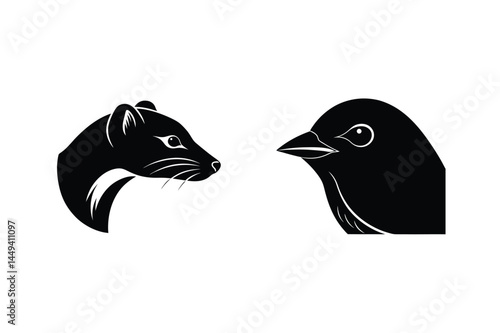Black silhouette illustration of a weasel and bird head facing each other on a clean white background