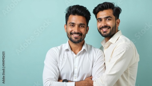 Marathi Language. Male Friendship. Male man model isolated background. Poignant photo of two men embracing in studio, conveying deep and abiding male friendship bond.
