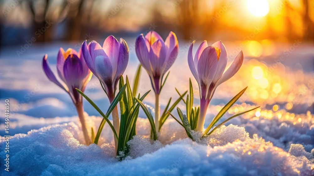 Crocus blooms through melting snow at dawn, imbolc celebration Crocus blooms through melting snow at dawn, imbolc celebration