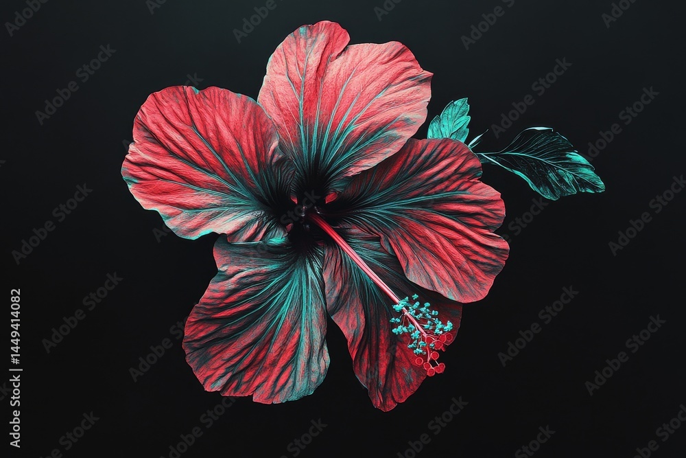 Obraz premium Vibrant hibiscus flower, close-up, in deep colors against a dark background.