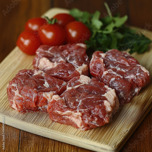 Raw lamb meat pieces on wooden board with fresh tomatoes and green herbs, showcasing fresh ingredients for cooking, rustic and appetizing presentation