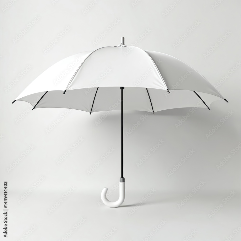 White umbrella isolated on white background. Open parasol mockup for product branding design, advertising campaign. Protection from rain, sunshine. Accessory for weather forecast, travel tourism White umbrella isolated on white background. Open parasol mockup for product branding design, advertising campaign. Protection from rain, sunshine. Accessory for weather forecast, travel tourism