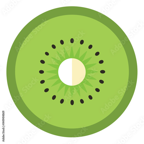 A flat kiwi slice shows its vibrant colors and tiny black seeds clearly