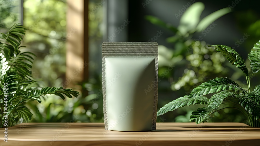 Mockup Mock up Pouch Standing on Wooden Table Surrounded by Plants Mockup Mock up Pouch Standing on Wooden Table Surrounded by Plants