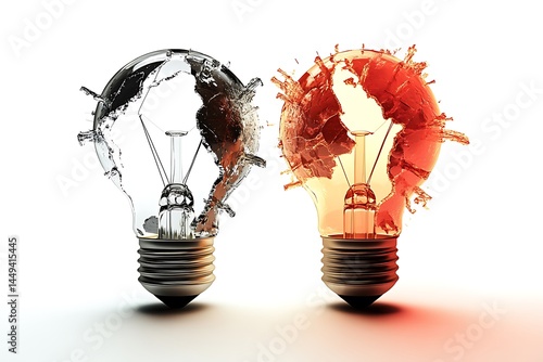 Water & Fire Bulb Concept on White. Clear Liquid and Fiery Fluid Effect
