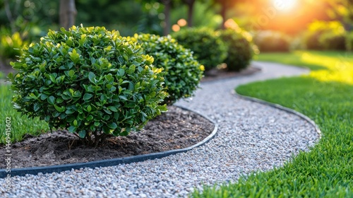 Lush garden pathway with round shrubs at sunset