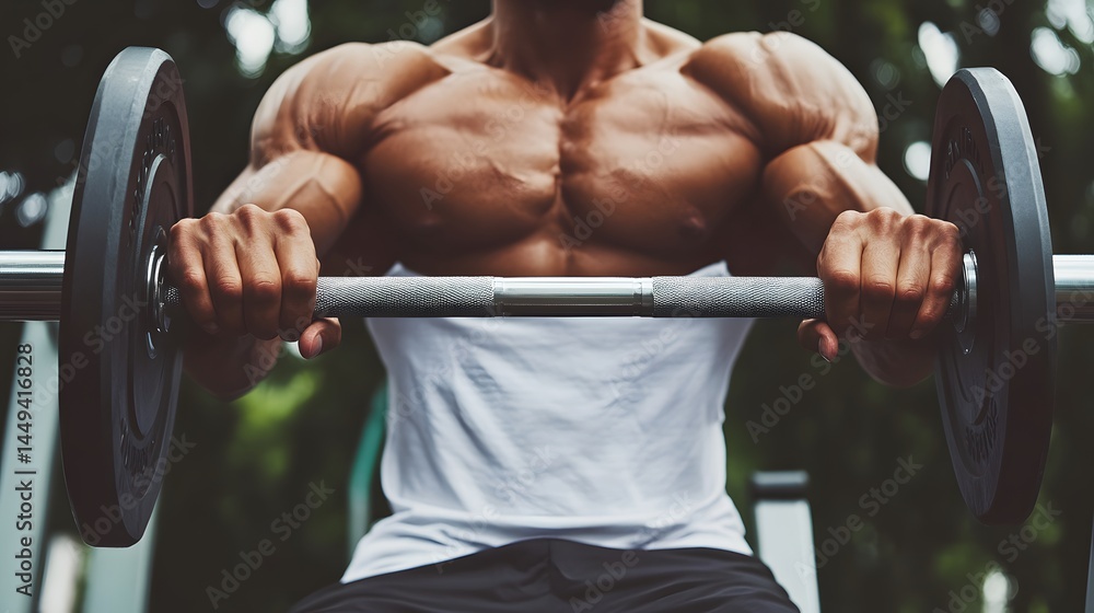Naklejka premium Muscular Man Weightlifting Outdoors Bodybuilding Strong