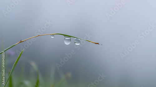 Web with dew drops on a blade of grass on a Fog background
