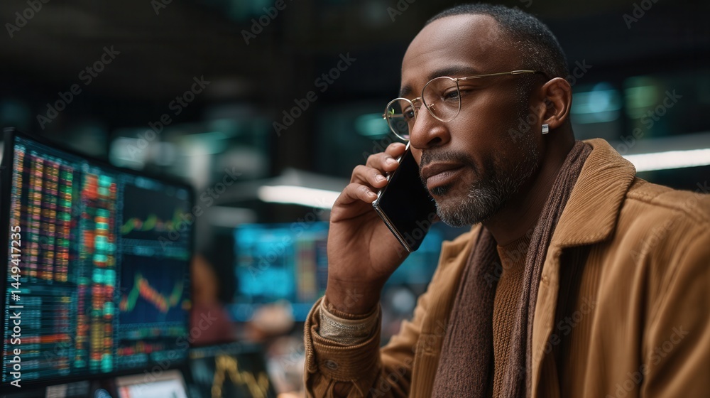 Focused Black businessman taking phone call at trading desk Focused Black businessman taking phone call at trading desk