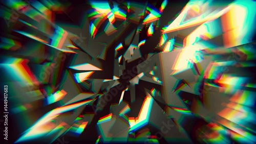 Fragmented Geometric Shapes with RGB Glitch Effect—Abstract Loop Background. Dynamic loop animation featuring fractured and fragmented 3D shapes with a vivid RGB split and glitch distortion effect. 