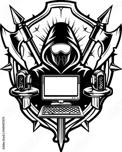 Cyber hacker SVG design featuring network technology cybersecurity. Mysterious Hacker Emblem with Computer and Weapons Design