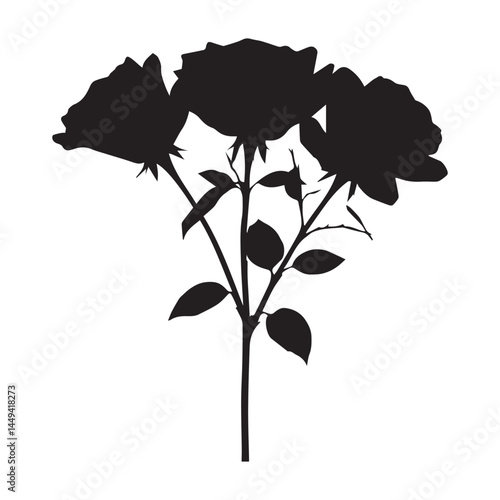 Silhouette of three black roses with thorns and leaves