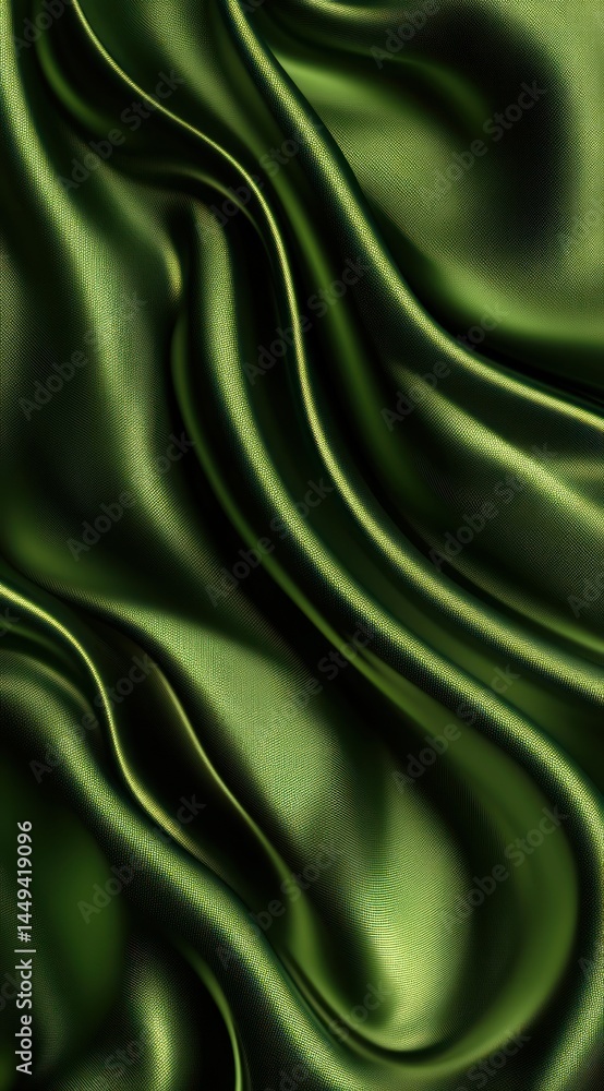 Green satin textile with draped folds, shiny silk fabric with light reflections and elegant texture for backgrounds Green satin textile with draped folds, shiny silk fabric with light reflections and elegant texture for backgrounds