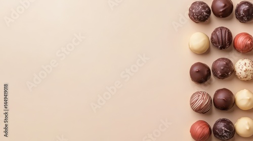 Delicious chocolate truffles arranged in a vertical line.