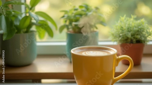 Wallpaper Mural Cozy cup of coffee with latte art near green plants on window sill Torontodigital.ca
