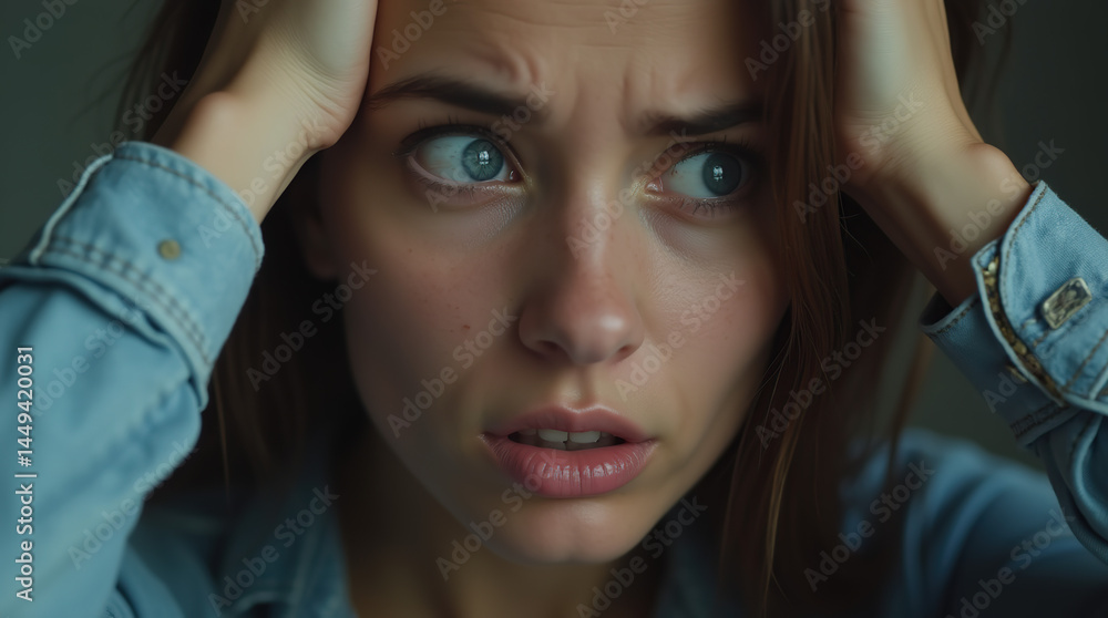 Emotional portrait of a woman with radiant blue eyes, expressing mental strain and frustration through a dramatic close-up. Emotional portrait of a woman with radiant blue eyes, expressing mental strain and frustration through a dramatic close-up.