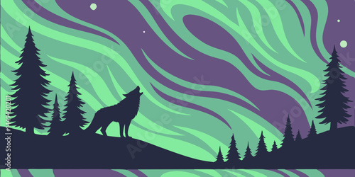 Aurora Borealis with Wolf Silhouette Against Colorful Sky  