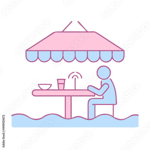 Person relaxing at a riverside café under an umbrella  