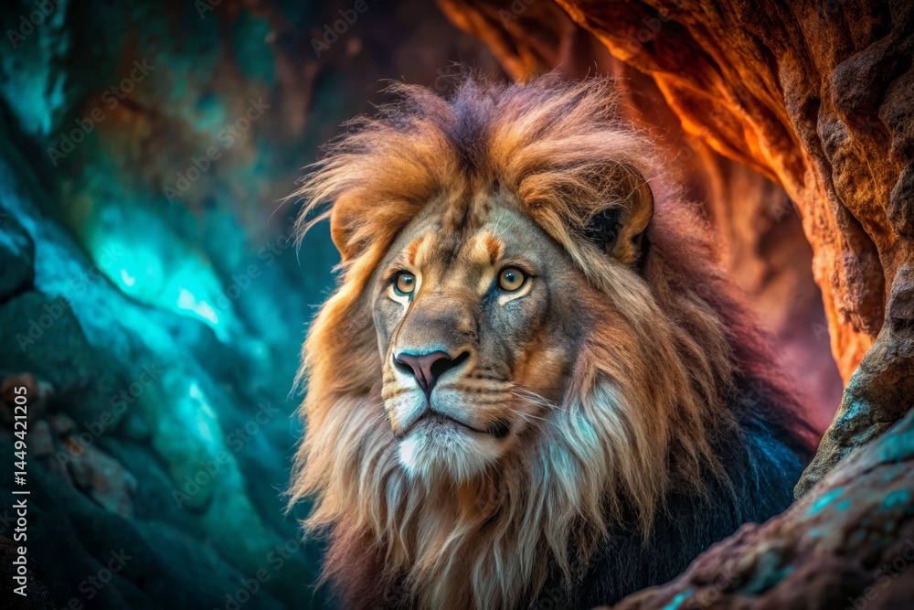 Naklejka premium Majestic Lion Portrait in Colorful Cave