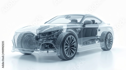 Meticulous X-ray of a car engine with pistons, cylinders, and crankshaft, shown in sharp detail against a snow-white background for a clean, high-tech look.
