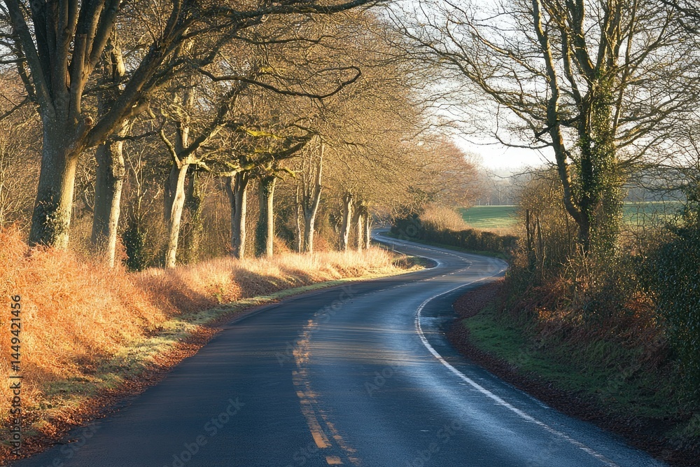Obraz premium Serene winding road lined with trees showcasing autumn foliage, leading through a tranquil countryside landscape under soft morning light, ideal for travel and nature enthusiasts