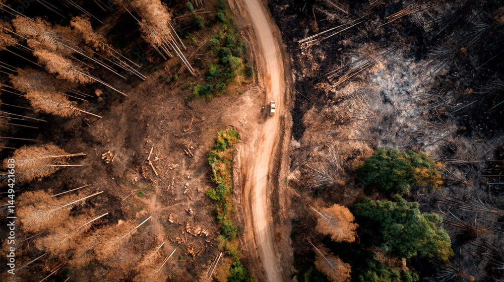 Aerial view of deforested and burnt forest with dirt road and green trees, environmental destruction and climate crisis concept, dramatic nature texture background.