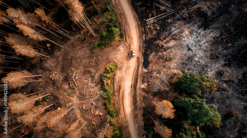 Obraz na płótnie Aerial view of deforested and burnt forest with dirt road and green trees, environmental destruction and climate crisis concept, dramatic nature texture background. w salonie