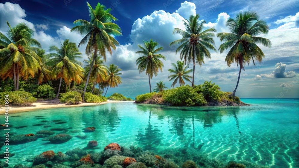 Tropical Teal Lagoon Scene with Coral and Palm Trees , coral, ocean landscape Tropical Teal Lagoon Scene with Coral and Palm Trees , coral, ocean landscape