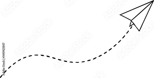 Black paper airplane soars upward, trailing a dotted flight path on transparent backdrop