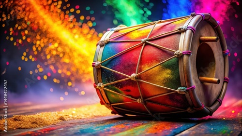 Close-up of traditional Indian dhol drum adorned with colorful Holi powders and soft lighting, Colorful powders, Wooden drumhead