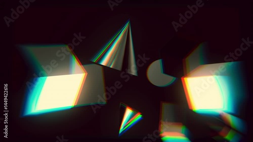 RGB Glitch Geometric Loop with Rotating Cubes, Sphere and Cone – Abstract Motion Background