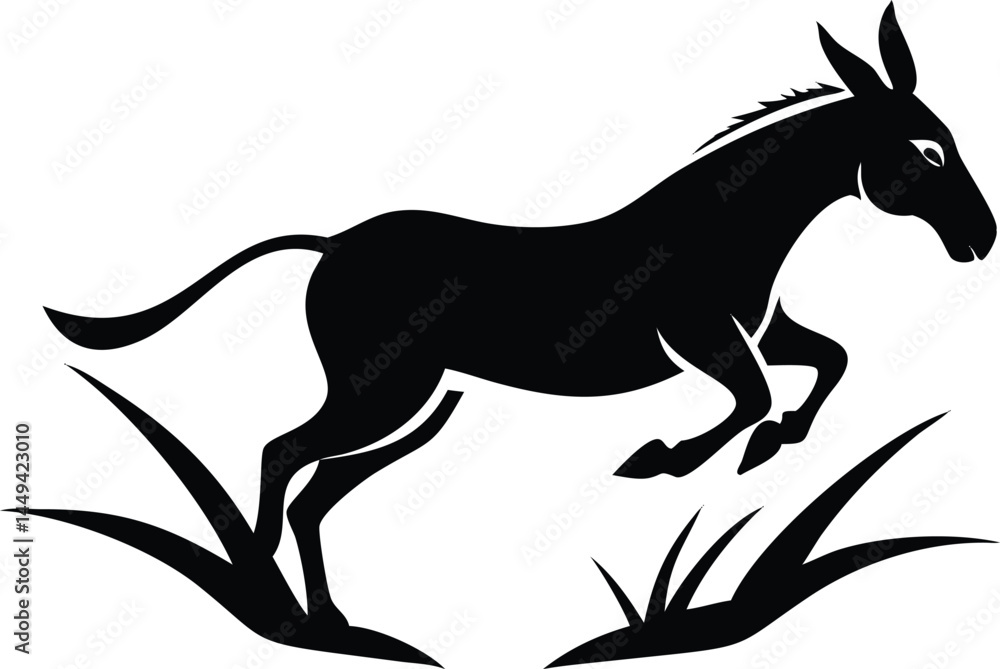 Obraz premium Black silhouette donkey jumps through sparse grass, isolated on white, minimalist animal art