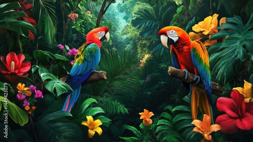 Wallpaper Mural Two vibrant macaws perched on branches amidst a lush jungle, surrounded by colorful flowers and dense greenery, creating a lively and exotic atmosphere Torontodigital.ca