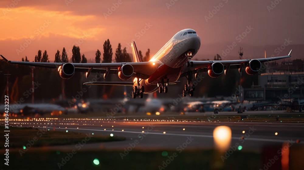Breathtaking airplane taking off at sunset airport Breathtaking airplane taking off at sunset airport