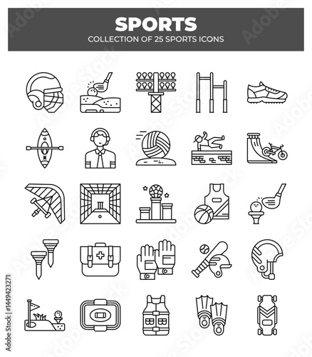 Collection of 25 Sports Icons. Line Art Vector Graphics