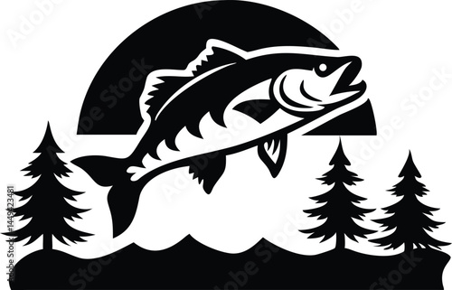 Black silhouette shows a fish jumping above water near pine trees isolated on white